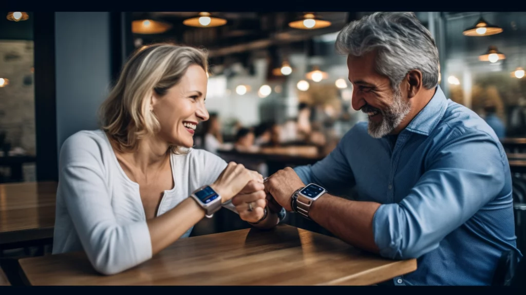 Para siedząca przy stoliku w kawiarni z nowoczesnymi smartwatchami na nadgarstkach.