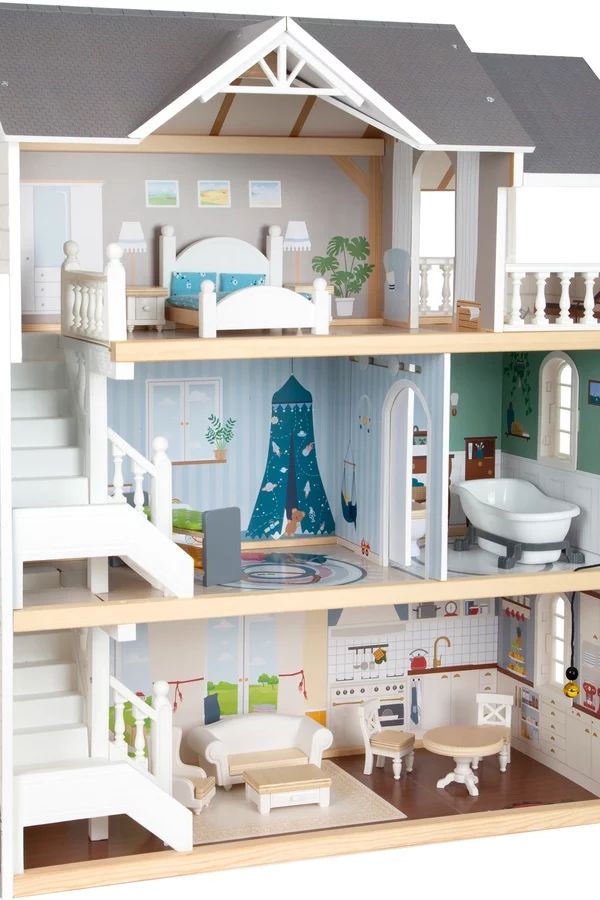 Small Foot Drewniany 3-piętrowy domek dla lalek w prezencie dla wnuczki 3-latki