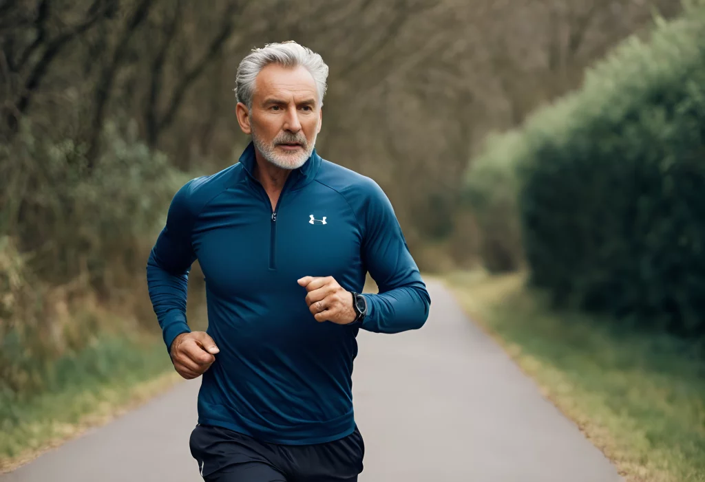 Mężczyzna po sześćdziesiątce biega na zewnątrz ubrany na sportowo.