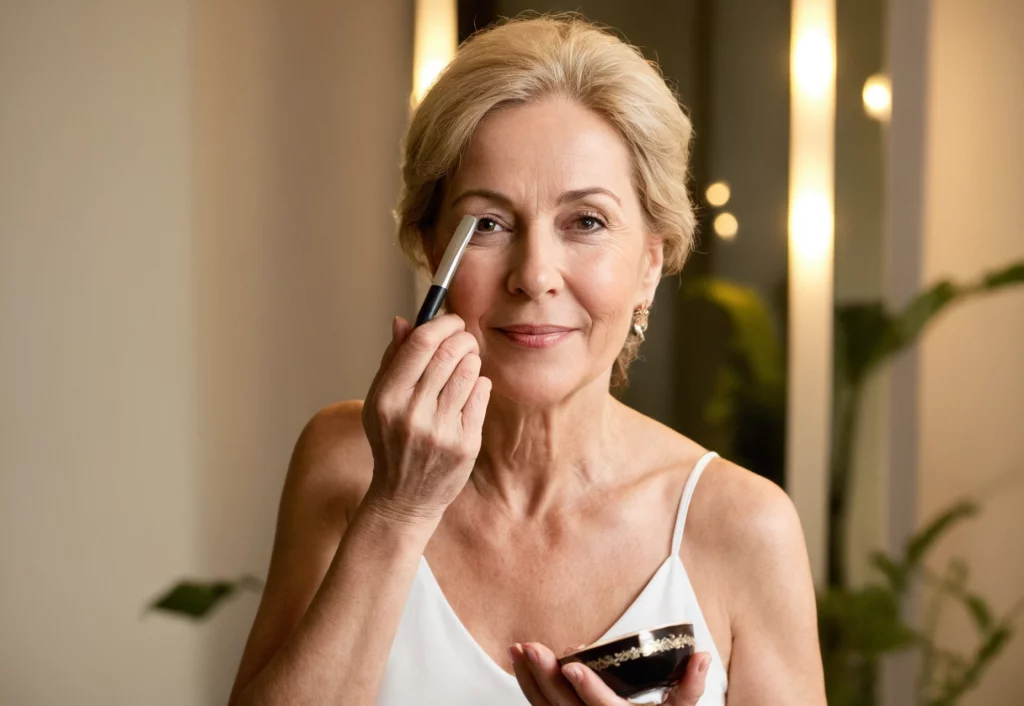 Kobieta w wieku 60+ testuje tegoroczne trendy makijażowe.