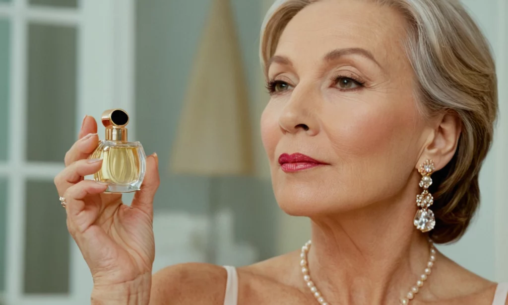 Piekna kobieta 60+ trzyma w dłoni perfumy, które uosabiają elegancję.