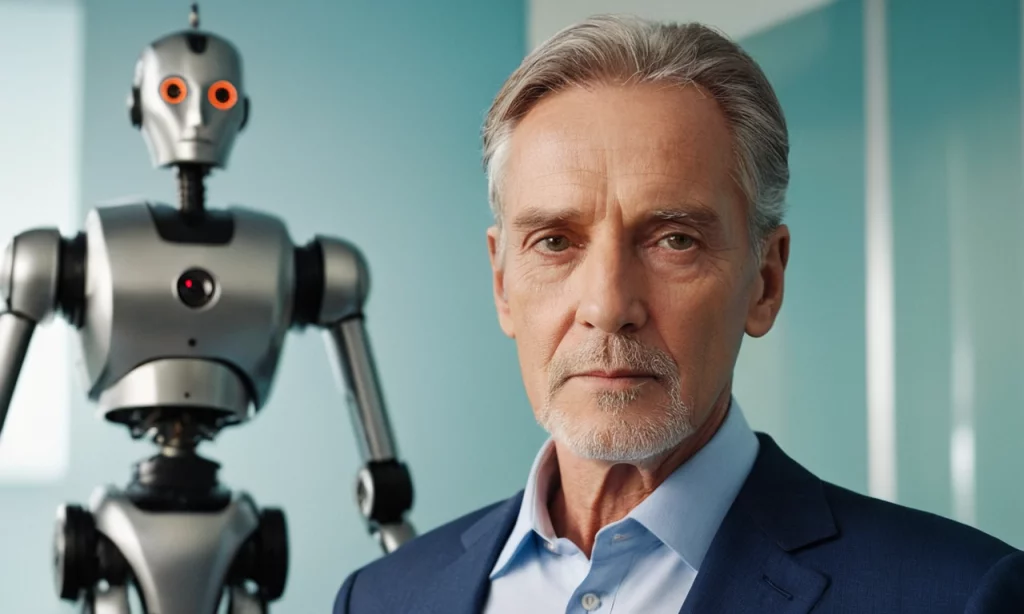 10 mitów na temat sztucznej inteligencji. Na zdjęciu mężczyzna 50+, a za nim w tle robot.