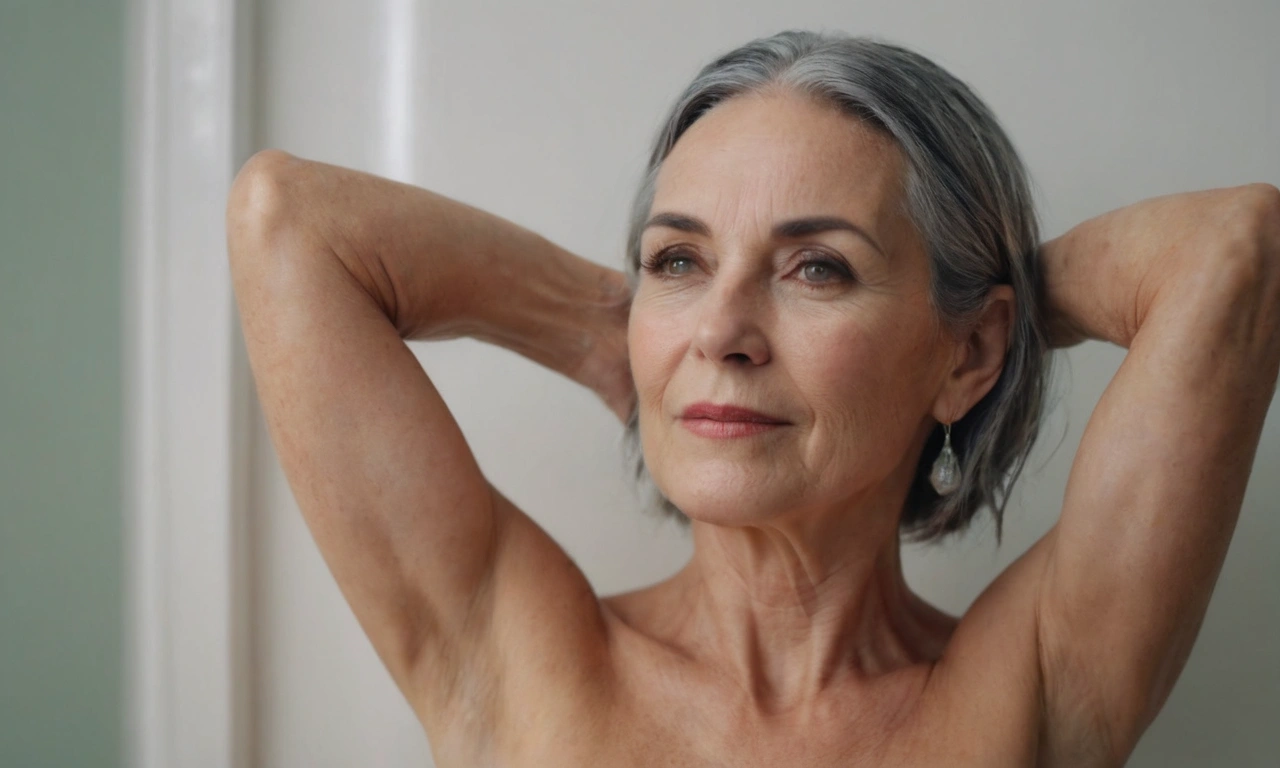 Kobieta 60+ stosuje płukanki do włosów pod prysznicem.