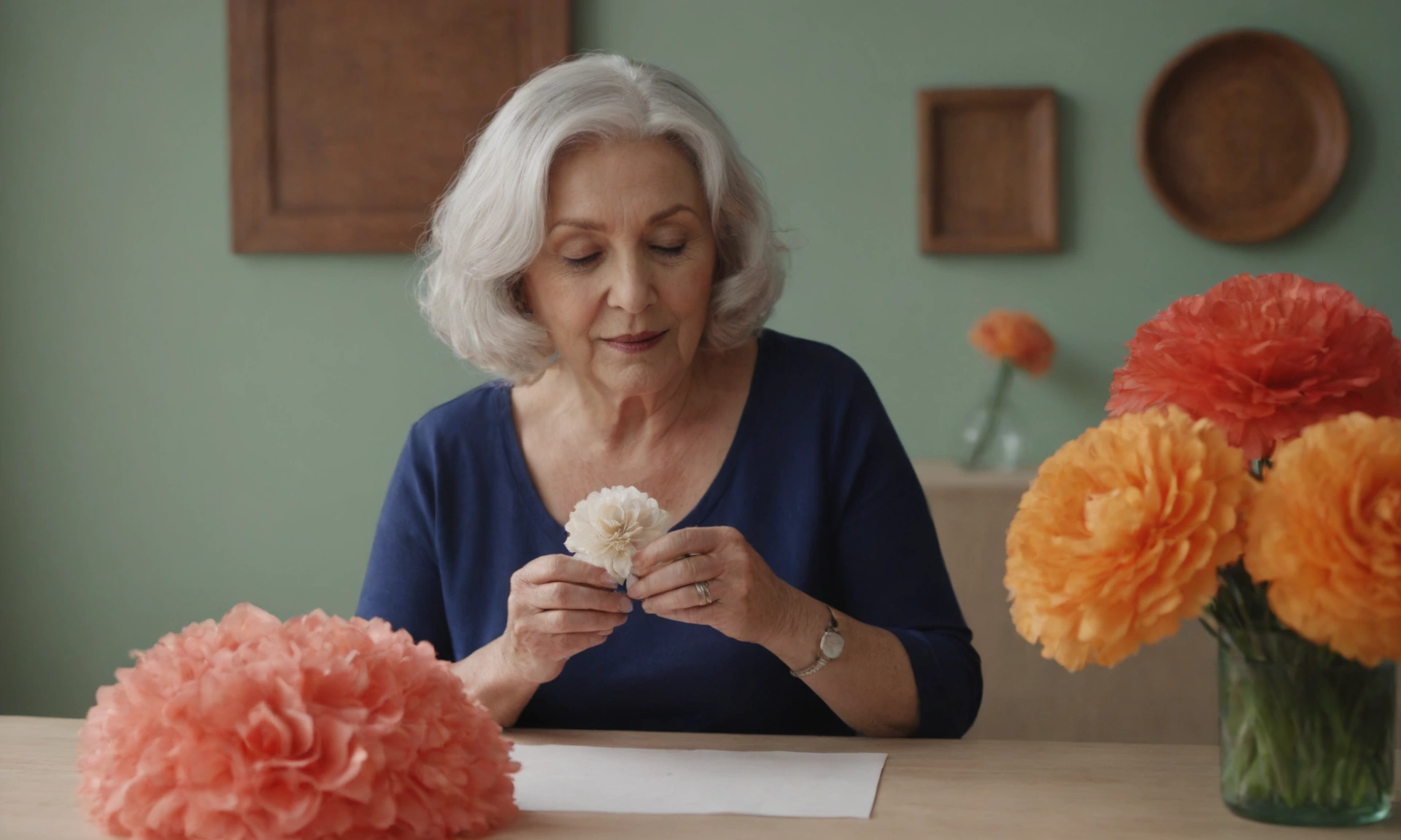 Kobieta 60+ wykonuje kolorowe kwiaty z papieru w formie 3D z bibuły.