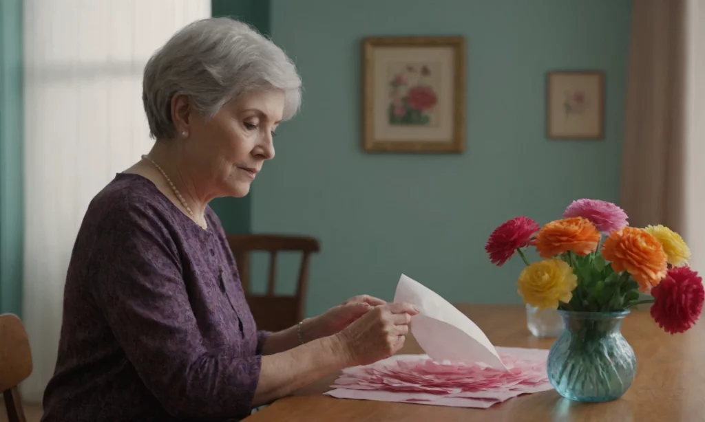 Kobieta 60+ robi kolorowe kwiaty z papieru w formie 3D.