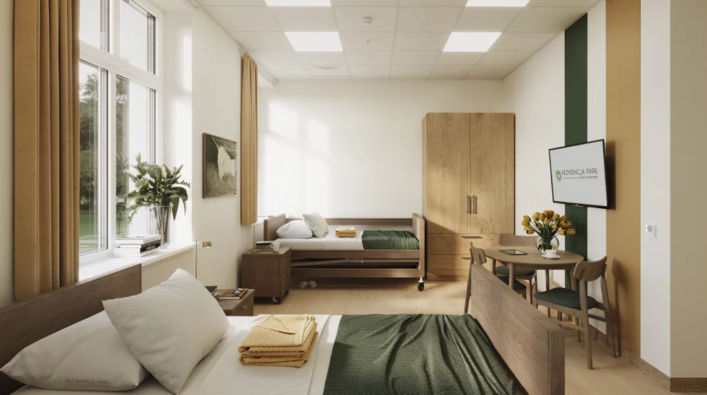 W Domu Opieki Rezydencja Park w Krośnicach dostępne są przestronne i komfortowo urządzone pokoje