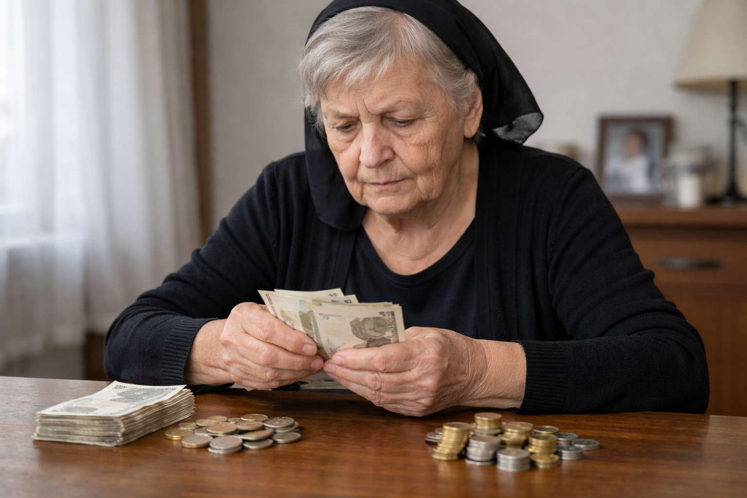 Starsza kobieta ubrana na czarno siedzi przy stole i liczy pieniądze ułożone w dwóch oddzielnych stosach.