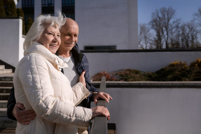 Seniorzy spacerujący razem przed nowoczesnym budynkiem – aktywne i bezpieczne życie w silver cohousing