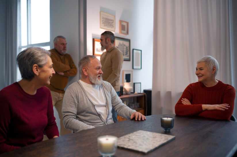 grupa seniorów spędza czas razem, rozmawiając przy stole 