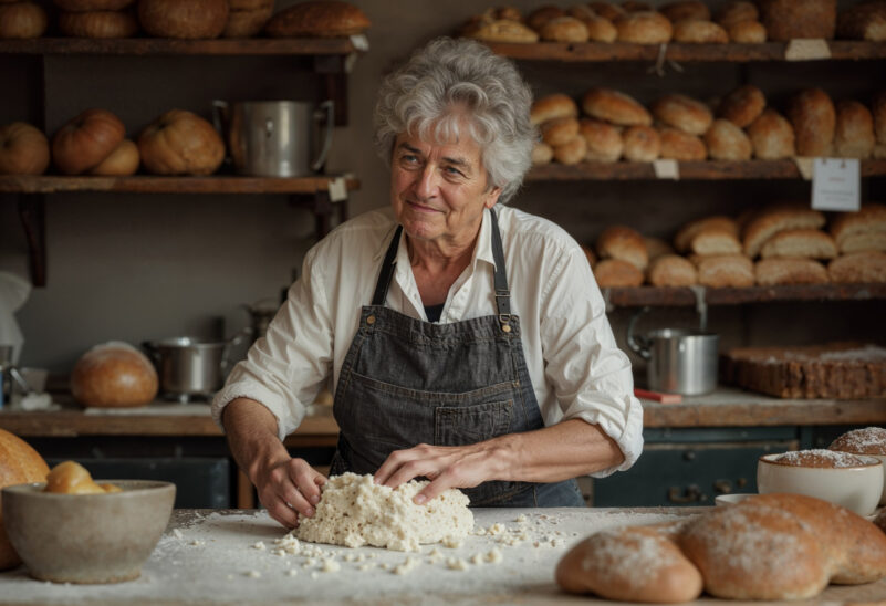 seniorka pracująca w piekarni przy wyrabianiu ciasta 
