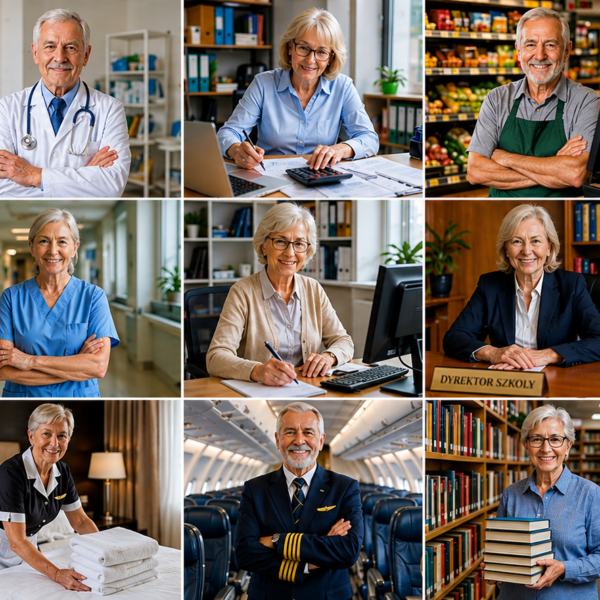 Kolaż przedstawiający aktywnych zawodowo seniorów – kobiety i mężczyzn wykonujących różne zawody