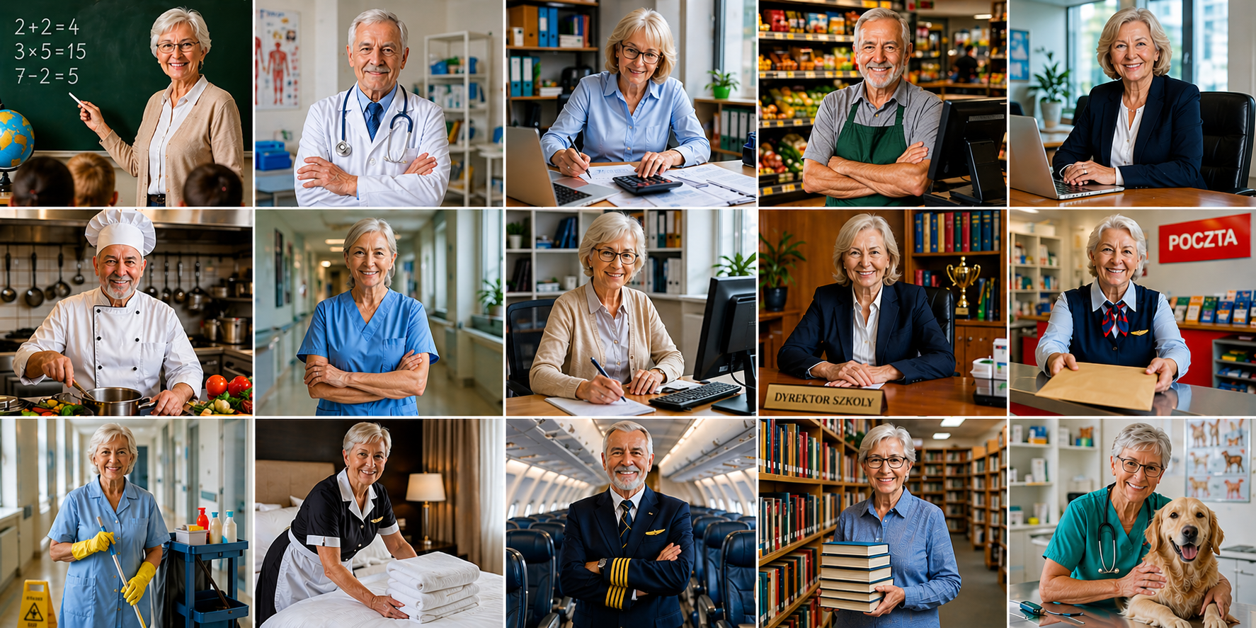 Kolaż przedstawiający aktywnych zawodowo seniorów – kobiety i mężczyzn wykonujących różne zawody