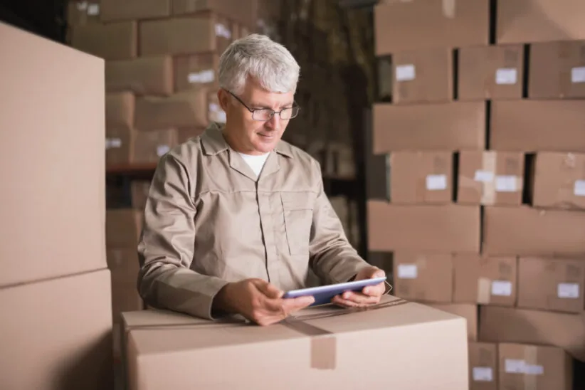 Mężczyzna pracuje w magazynie, stojąc przy kartonach i korzystając z tabletu do sprawdzania danych.