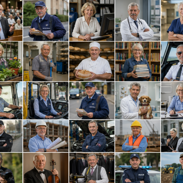Kolaż przedstawiający aktywnych zawodowo seniorów – kobiety i mężczyzn wykonujących różne zawody
