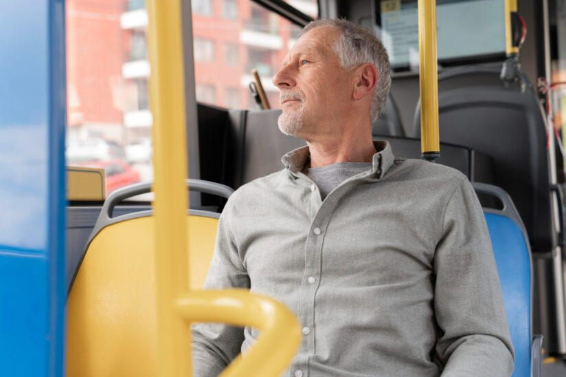 Starszy mężczyzna podróżujący autobusem miejskim z biletem dla seniora