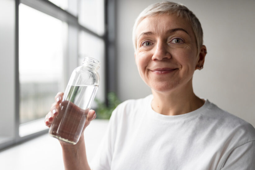 Uśmiechnięta kobieta trzyma butelkę wody mineralnej, element terapii balneologicznej