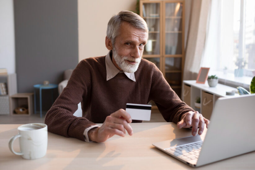 Senior korzystający z laptopa i trzymający kartę płatniczą podczas bankowości internetowej