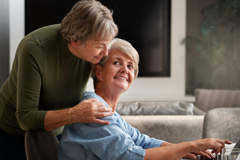Seniorka korzystająca z laptopa przy wsparciu bliskiej osoby