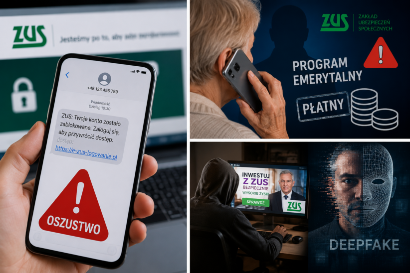 Grafika przedstawiająca najczęstsze oszustwa metodą „na ZUS”, w tym fałszywe SMS-y, telefony i reklamy wykorzystujące technologię deepfake.